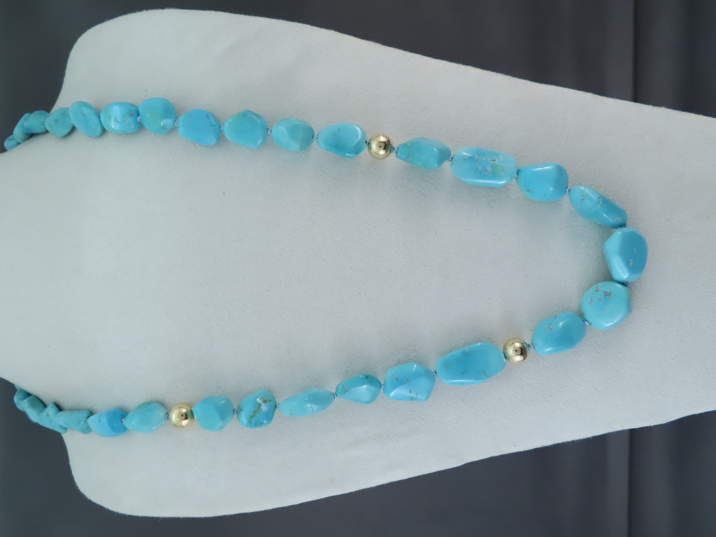 Long Sleeping Beauty Turquoise Nugget & Gold Necklace by Native American jeweler, Pilar Lovato FOR SALE $6,850-