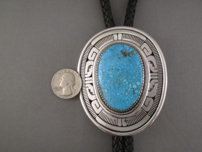 LARGE Bolo Tie with Kingman Turquoise by Leonard Nez