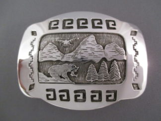 Native American Jewelry - Belt Buckle with Tetons, Eagle, & Bear by Wichita Indian jewelry artist, Fortune Huntinghorse $440-