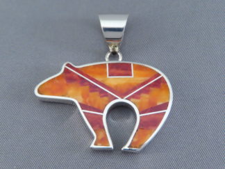 Inlaid Bear - Fine Red & Orange Spiny Oyster Shell Inlay BEAR Pendant by Native American jewelry artist, Tim Charlie FOR SALE $435-