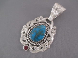 Turquoise Jewelry - Morenci Turquoise Pendant with Garnet by Navajo jewelry artist, Shane Hendren $750-