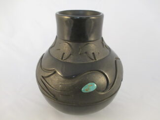 Native American Pottery - Black Avanyu Jar with Turquoise Eye by San Ildefonso Pueblo pottery artist, Dora Tse-Pe $4,950-