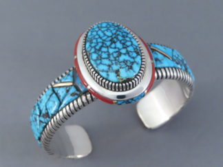 Turquoise Jewelry - Impressive Kingman Turquoise Bracelet with Inlay by Navajo&Zuni Jeweler, Jay Jacob Livingston $4,850- FOR SALE