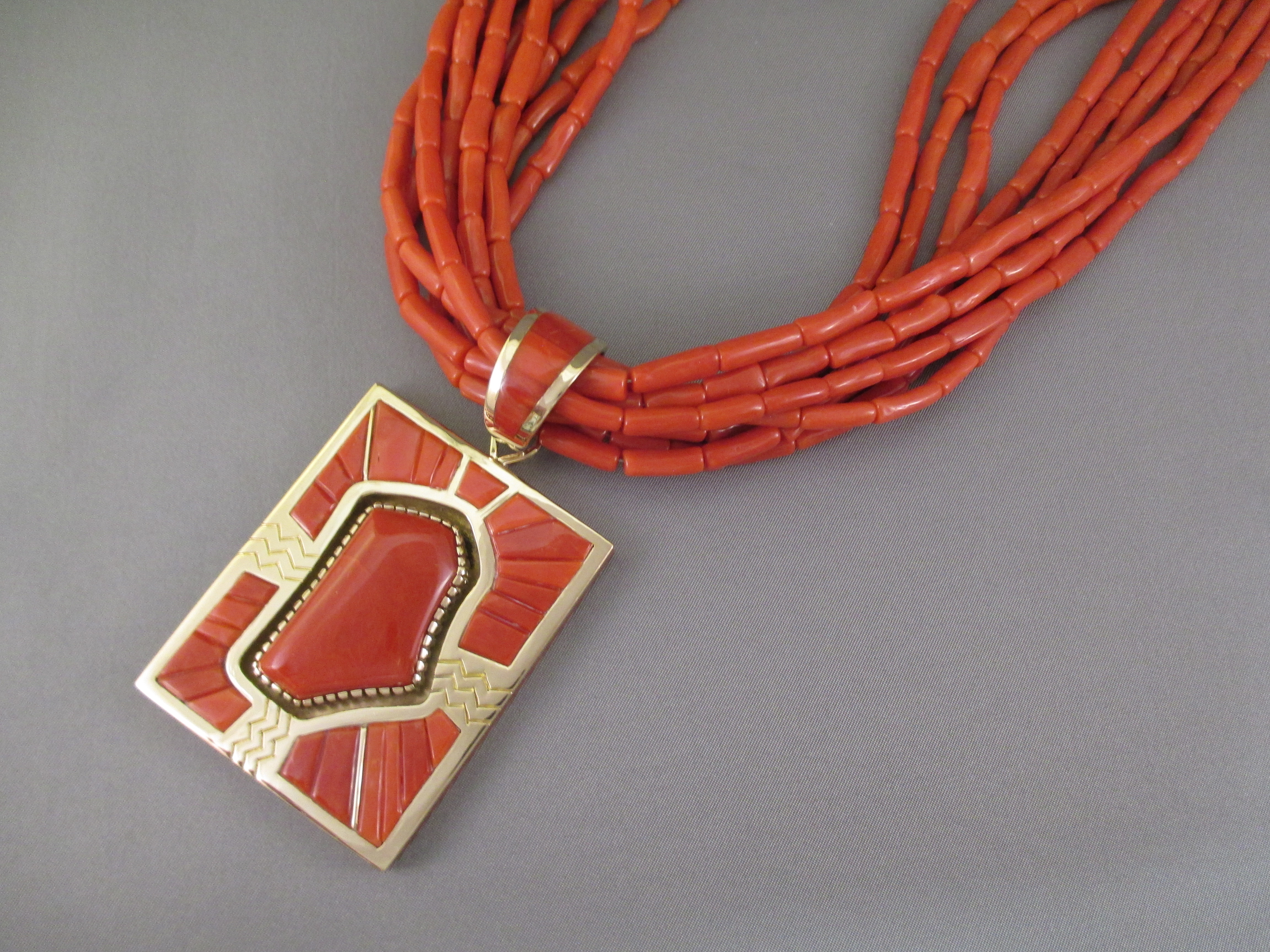 Fine Native American Jewelry - Gold & Coral Necklace by Navajo jeweler, Michael Perry FOR SALE $19,500-