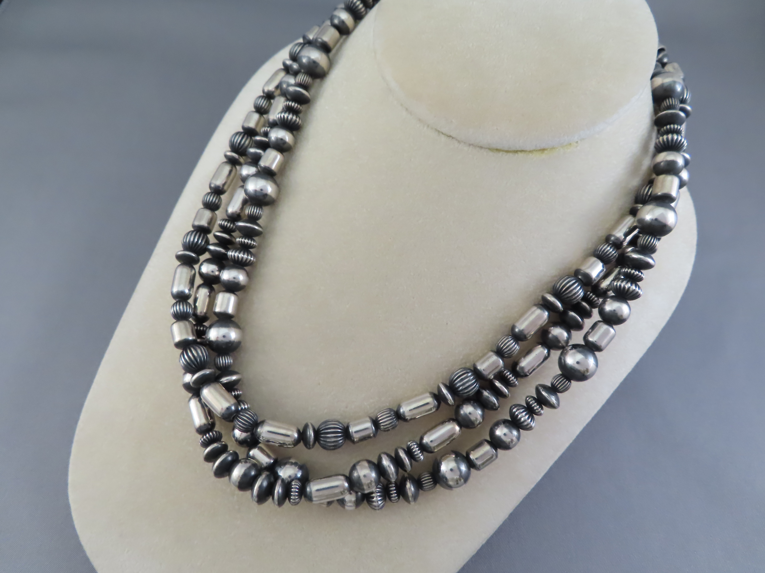 Oxidized Sterling Silver Bead Necklace (3-Strand Multi-Shaped)