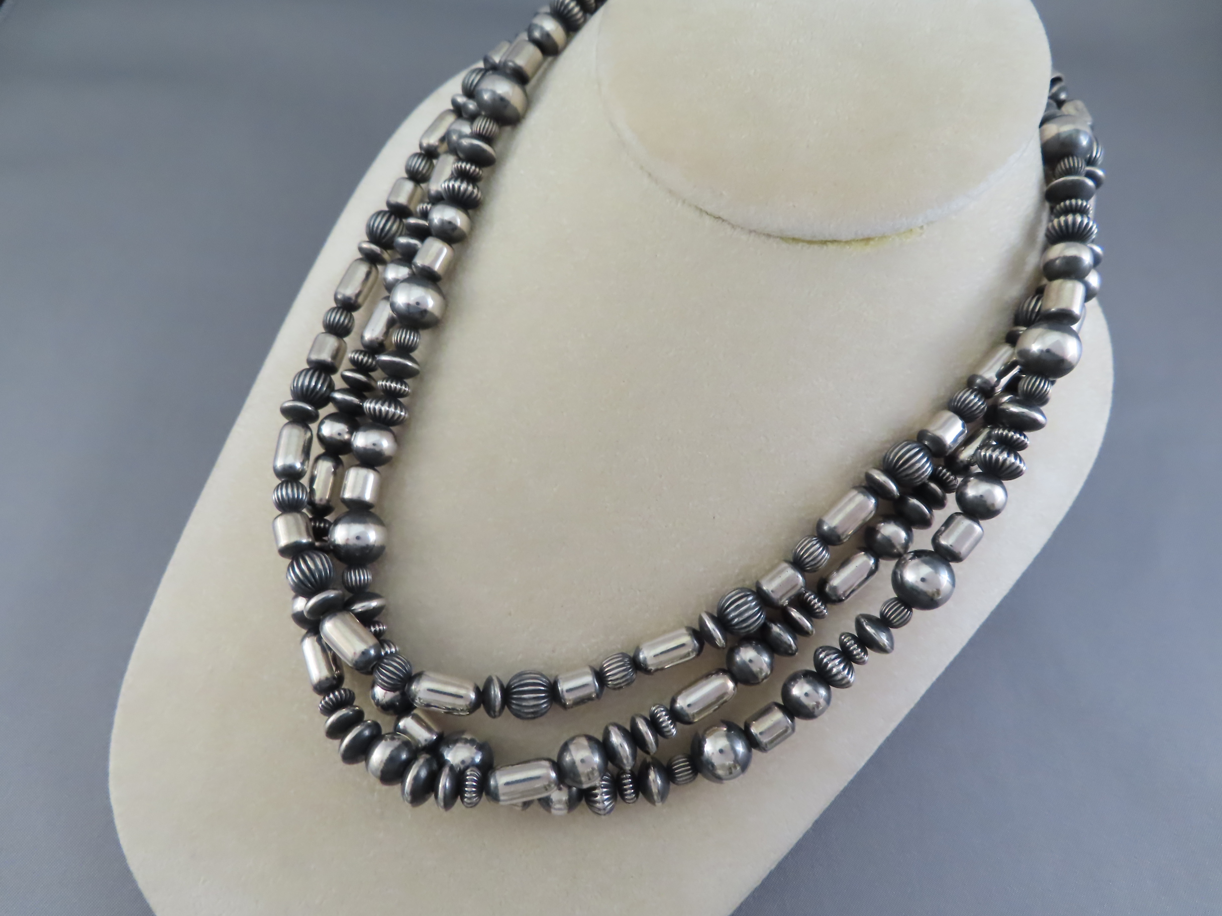 Shop Navajo Jewelry - 3-Strand Oxidized Sterling Silver Bead Necklace (Navajo Pearls) by Navajo Jeweler, Marilyn Platero FOR SALE $935-