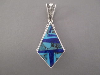 Turquoise Jewelry - Larger Turquoise & Lapis Inlay Pendant by Native American jeweler, Pete Chee For Sale $395-