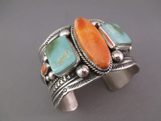 Spiny Oyster Shell & Royston Turquoise Cuff Bracelet by Navajo jewelry artist, Guy Hoskie $975-