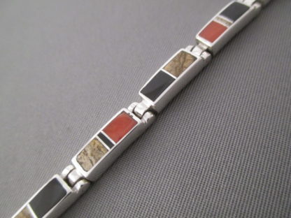Multi-Stone Inlay Link Bracelet with Coral (more narrow)