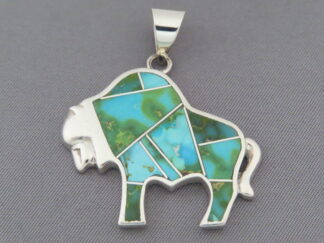 Turquoise Bison - Green Sonoran Turquoise Inlay BUFFALO Pendant by Native American Indian jeweler, Tim Charlie $295- FOR SALE