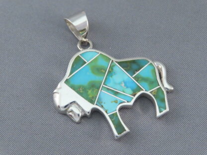 Green Sonoran Turquoise Inlay Bison Pendant
