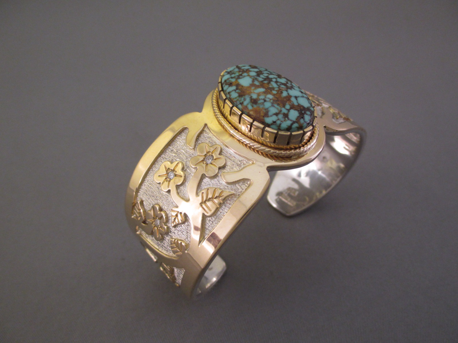 Gold & Silver Cuff Bracelet with Candelaria Turquoise & Diamonds by Native American jewelry artist, Fortune Huntinghorse $3,300-