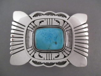 Carico Lake Turquoise Belt Buckle by Navajo Indian jewelry artist, Leonard Nez $1,250-