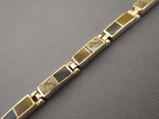 Multi-Stone Inlay Link Bracelet in 14kt Gold by Native American Indian jewelry artist, Pete Chee FOR SALE $2,650-