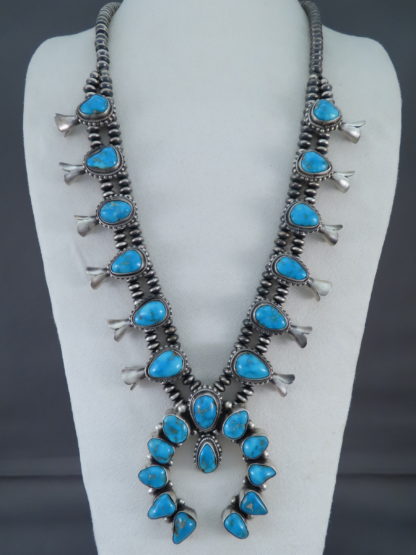 Blue Sonoran Gold Turquoise Squash Blossom Necklace