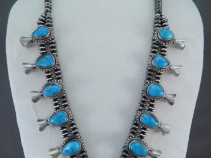 Blue Sonoran Gold Turquoise Squash Blossom Necklace