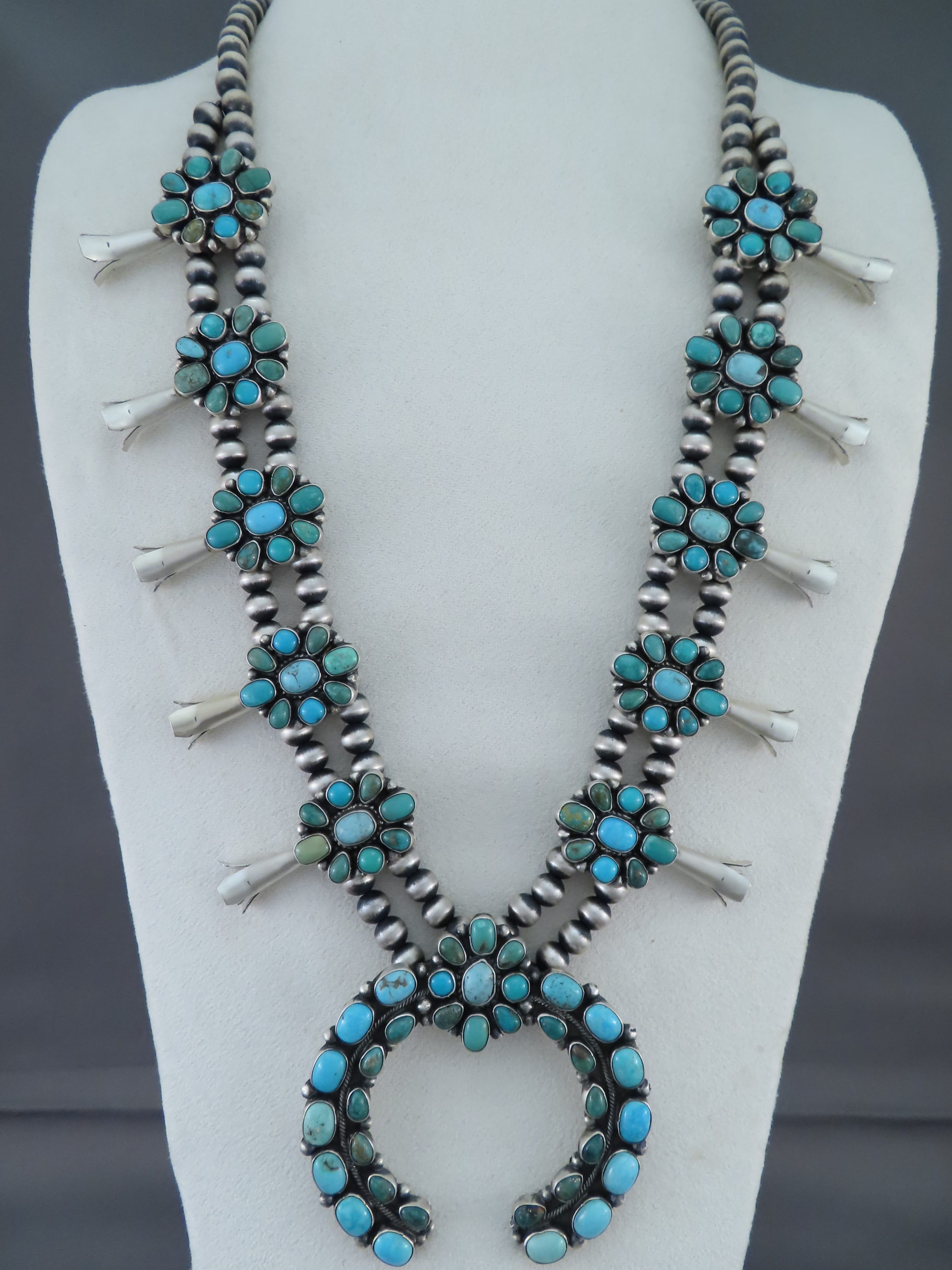Squash Necklace - Fox Turquoise Squash Blossom Necklace by Navajo Indian jewelry artist, Bobby Johnson FOR SALE $2,750-