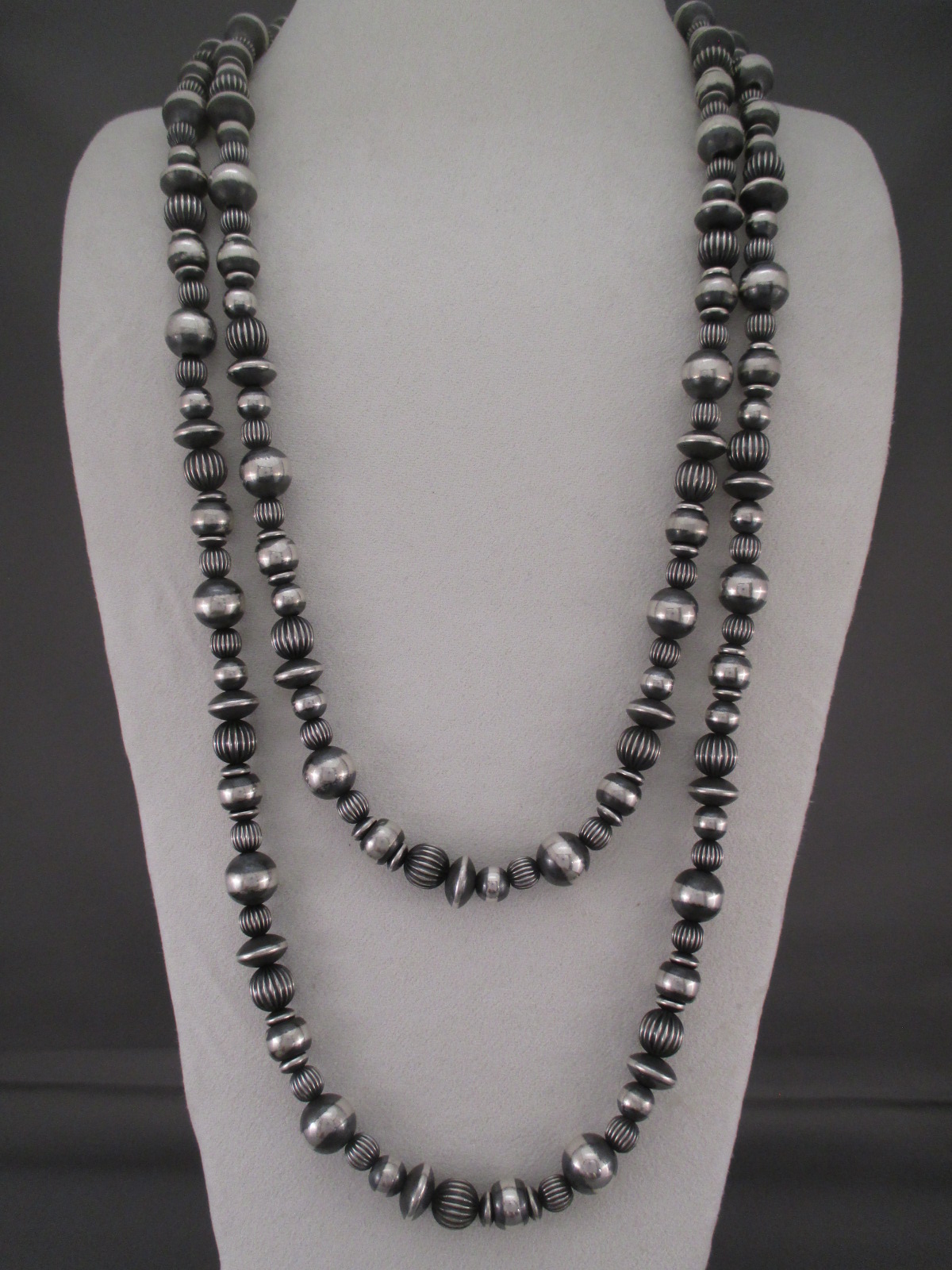 Oxidized Sterling Silver Necklace with Multi-Shaped Beads (60″)