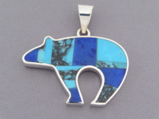 Turquoise & Lapis Inlay BEAR Pendant by Native American Navajo Indian jewelry artist, Peterson Chee $255- FOR SALE