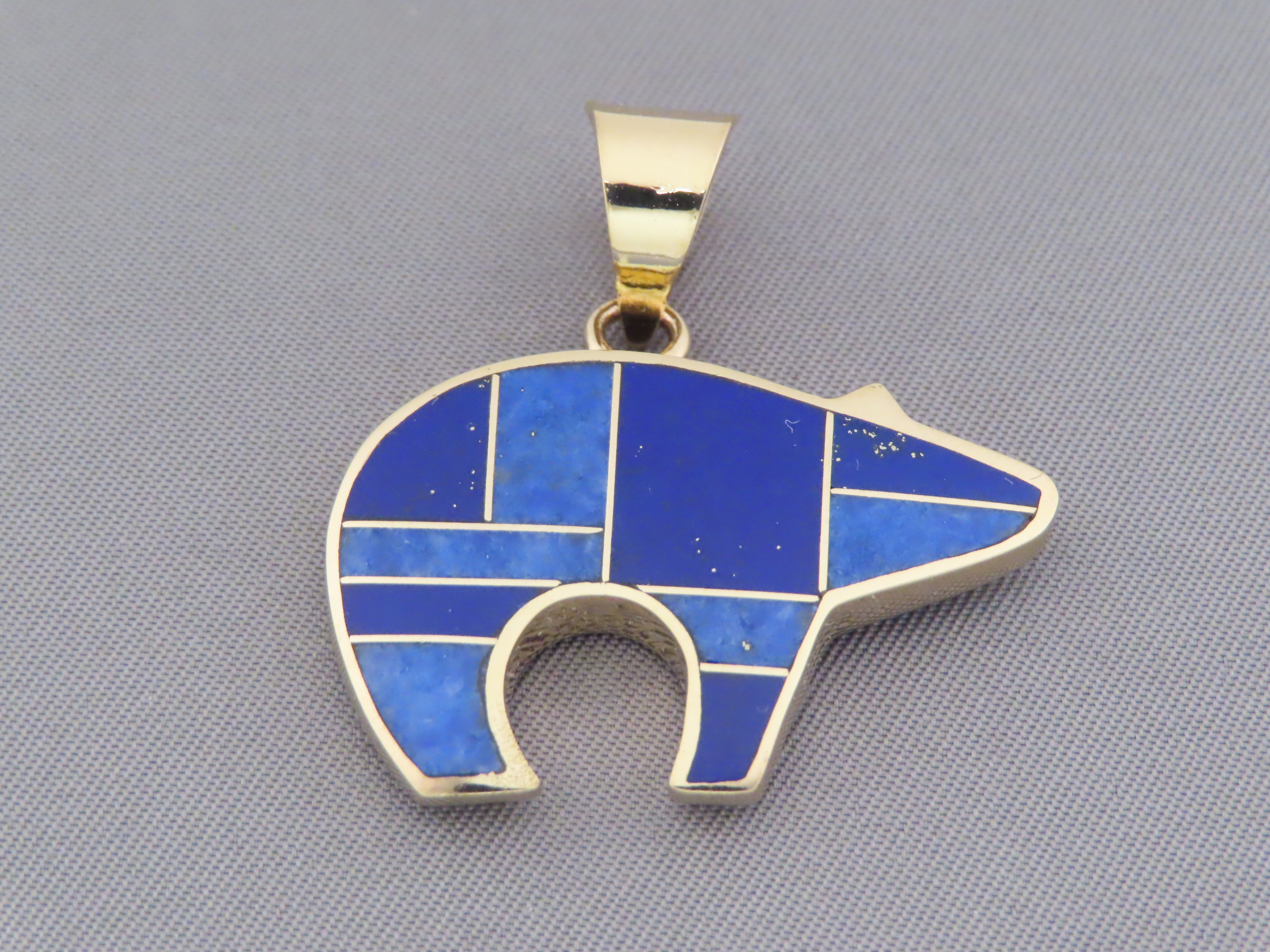 14kt Gold Bear Pendant with Lapis Inlay by Native American jewelry artist, Peterson Chee $1,495- FOR SALE