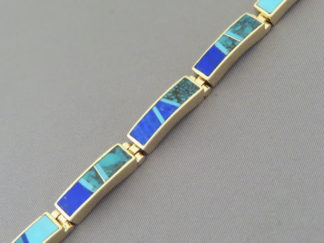 Gold Jewelry - Turquoise & Lapis Inlay Link Bracelet by Native American jewelry artist, Tim Charlie FOR SALE $4,200-