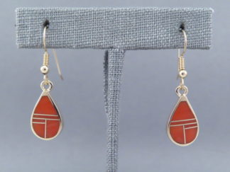 14kt Gold Teardrop Earrings with Red Coral Inlay by Native American (Navajo) jewelry artist, Tim Charlie $1,100- FOR SALE