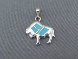 Shop Turquoise Buffalo - Turquoise Inlay Bison Pendant by Native American (Navajo) jewelry artist, Charles Willie FOR SALE $140-