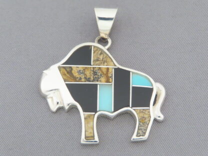 Multi-Stone Inlay Bison Pendant Featuring Turquoise