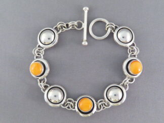 Sterling Silver Link Bracelet with Spiny Oyster Shell by Native American Indian Jeweler, Artie Yellowhorse FOR SALE $345-
