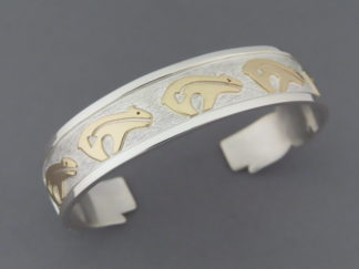Bear Bracelet - Sterling Silver & 14kt Gold Cuff Bracelet with Bears by Native American jeweler, Robert Taylor $995- FOR SALE