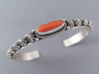 Shop Native American Jewelry - Large Sterling Silver & Coral Bracelet Cuff by Navajo jeweler, Albert Jake FOR SALE $495-