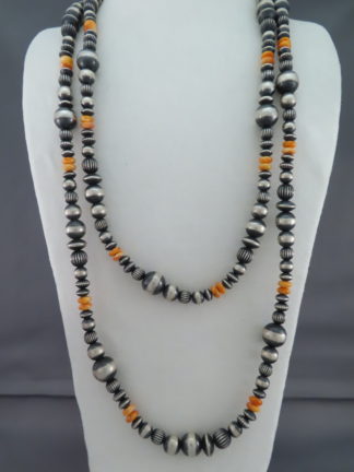 Native American Jewelry - LONG Oxidized Sterling Silver & Spiny Oyster Shell Necklace by Navajo jeweler, Marilyn Platero FOR SALE $1,295-