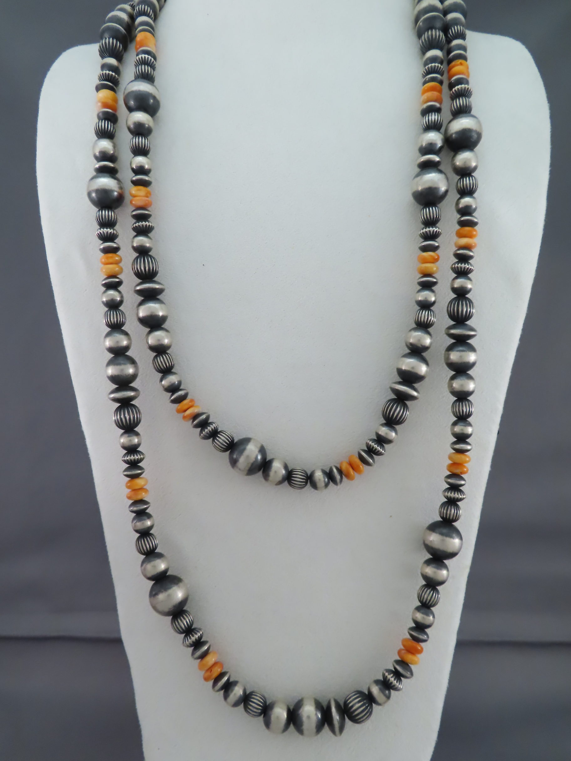 Oxidized Sterling Silver Bead Necklace with Spiny Oyster Shell (60″ LONG)