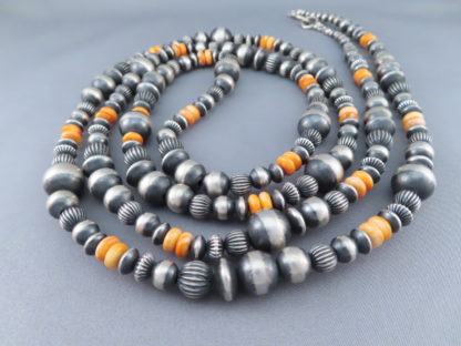 Oxidized Sterling Silver Bead Necklace with Spiny Oyster Shell (60″ LONG)