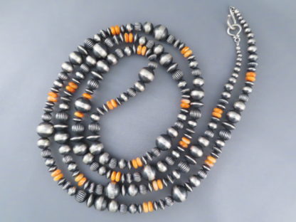 Oxidized Sterling Silver Bead Necklace with Spiny Oyster Shell (60″ LONG)