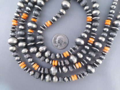 Oxidized Sterling Silver Bead Necklace with Spiny Oyster Shell (60″ LONG)