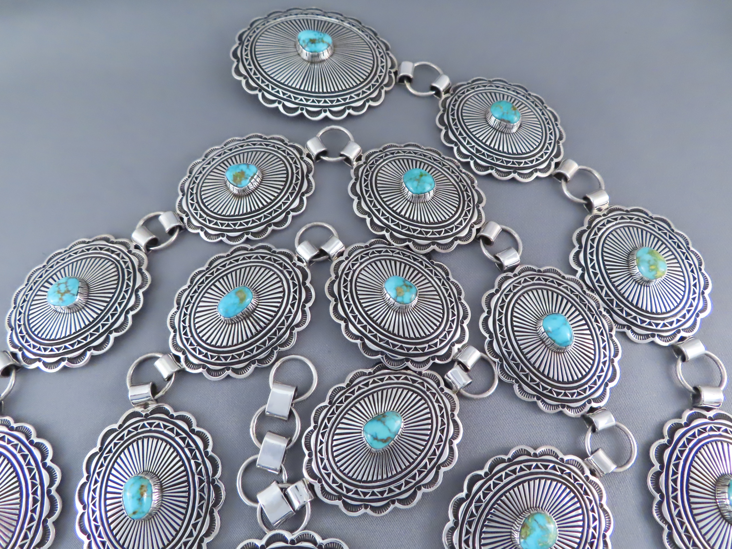 Smaller Turquoise Mountain Turquoise Link Concho Belt by Native American (Navajo) jewelry artist, Tsosie Orville White FOR SALE $3,600-