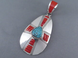 Native American Jewelry - Kingman Turquoise & Coral Pendant by Navajo jeweler, Michael Perry $1,585- FOR SALE