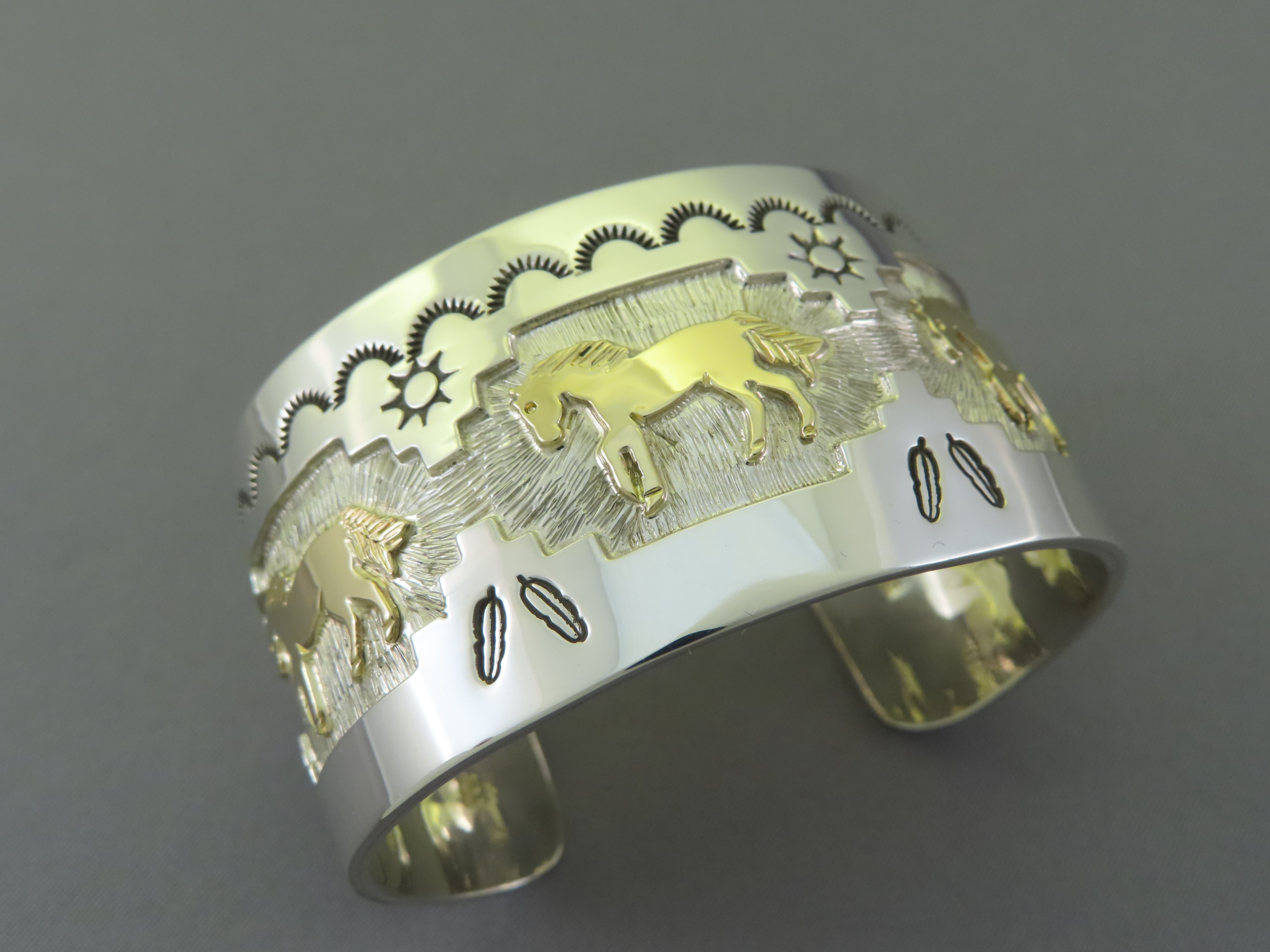 Horse Bracelet - Silver & Gold HORSE Cuff Bracelet by Native American jewelry artist, Fortune Huntinghorse FOR SALE $895-