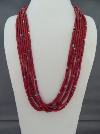 Fine Native American Jewelry - Long 7-Strand Coral & Gold Necklace by Navajo jeweler, Colina Yazzie FOR SALE $4,800-