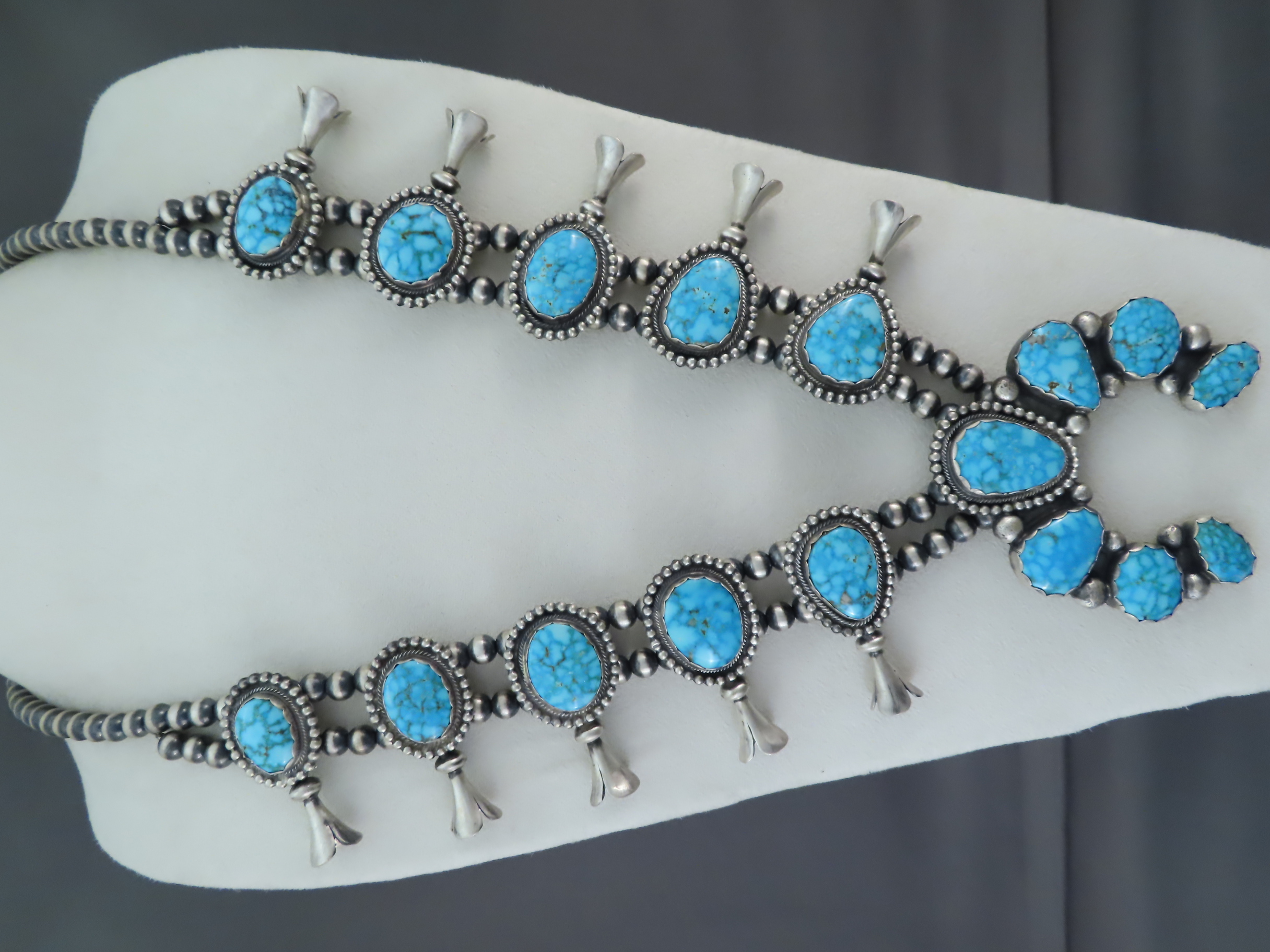 Shop Turquoise Squash - Kingman Turquoise Squash Blossom Necklace by Native American (Navajo) jeweler, Bob Becenti $4,400- FOR SALE