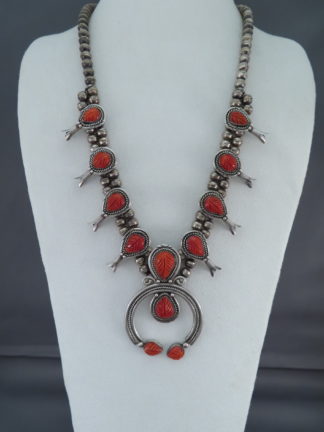 Native American Jewelry - Vintage Squash Blossom Necklace with Coral FOR SALE $2,500-