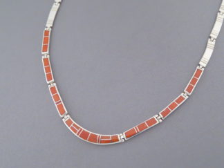 Coral Inlay Necklace in Sterling Silver by Native American (Navajo) jewelry artist, Charles Willie $825- FOR SALE