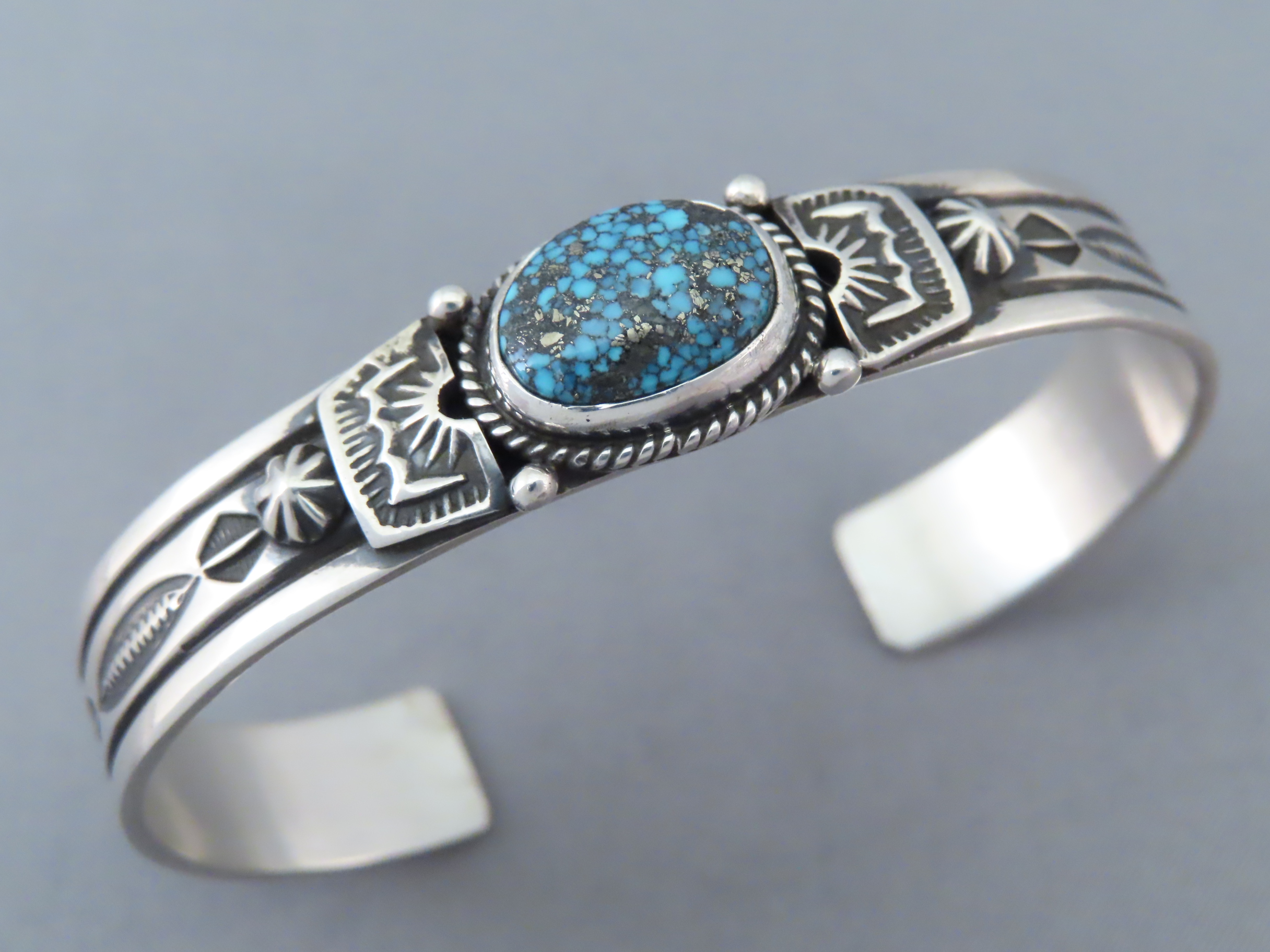 Narrow Kingman Turquoise Cuff Bracelet by Native American Navajo Indian jewelry artist, Happy Piasso $350- FOR SALE