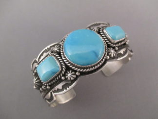 Navajo Jewelry - 3-Stone Kingman Turquoise Bracelet by Native American Indian jeweler, Happy Piasso FOR SALE $575-
