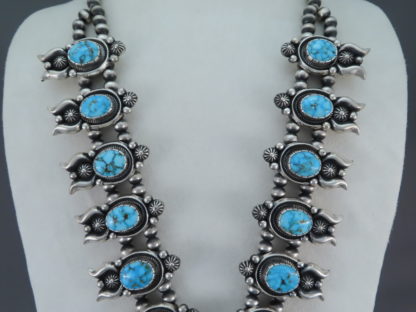 Kingman Turquoise Squash Blossom Necklace & Earring Set