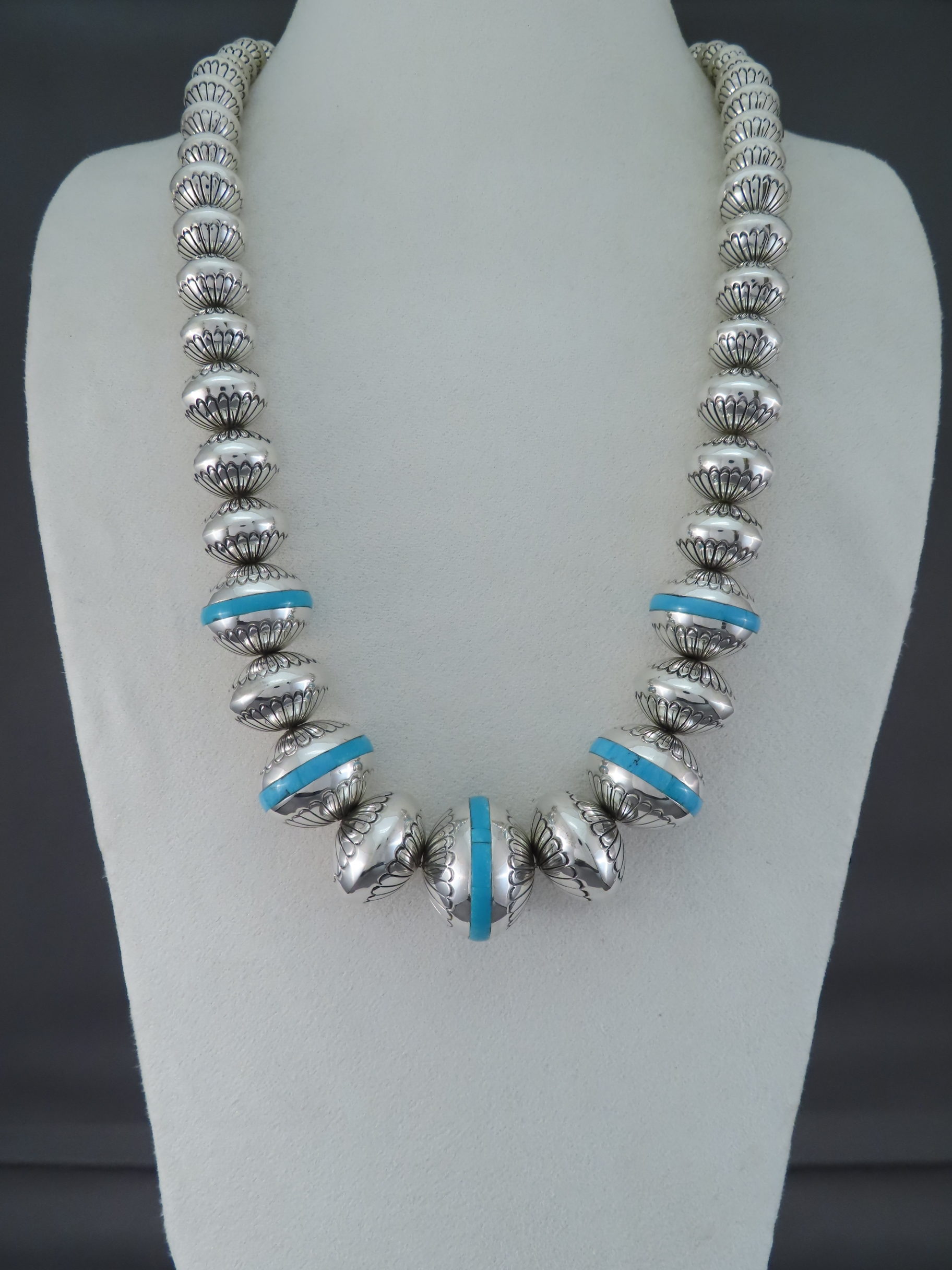 Shop Navajo Pearls - 25'' Long Stamped Sterling Silver Bead Necklace with Turquoise Inlay by Navajo Indian jeweler, Marie Yazzie $2,750- FOR SALE