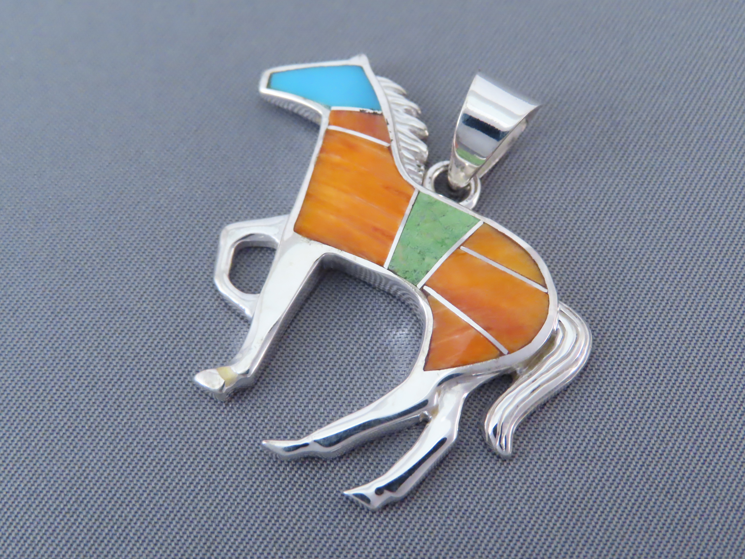 Inlaid HORSE - Colorful Multi-Stone Inlay Horse Pendant by Native American jeweler, Tim Charlie FOR SALE $215-