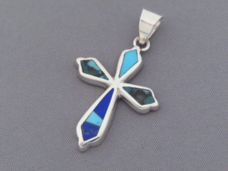 Inlaid Cross - Turqouise & Lapis Inlay Cross Pendant by Navajo Indian jewelry artist, Pete Chee FOR SALE $160-