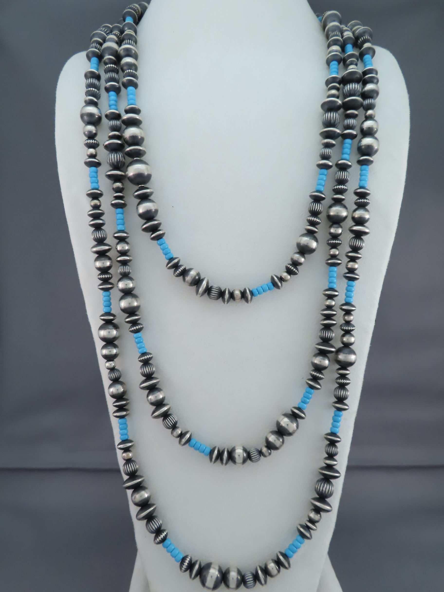 Navajo Jewelry - LONG Oxidized Sterling Silver Bead Necklace with Turquoise by Navajo jeweler, Marilyn Platero FOR SALE $1,395-